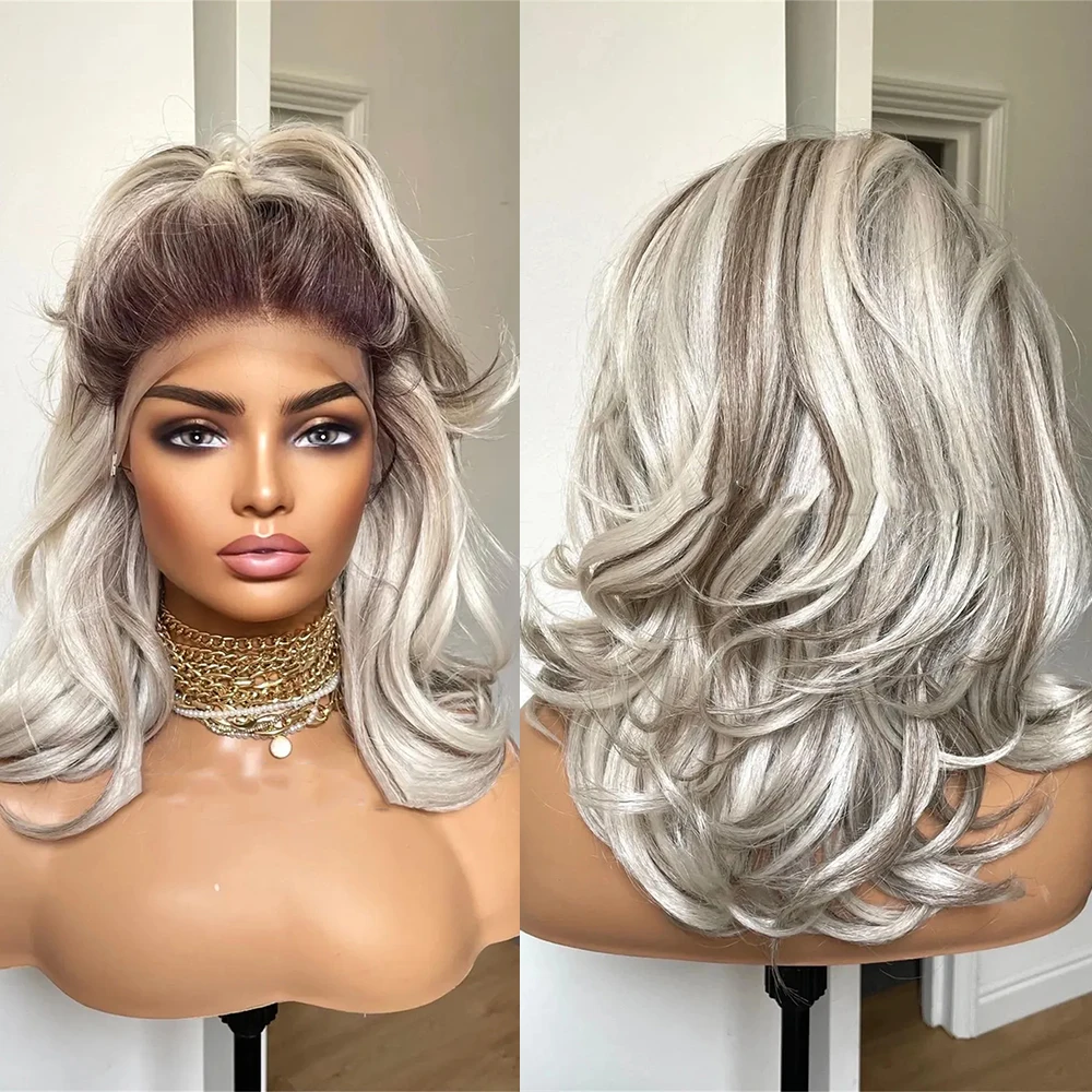 Beautiful Bouncy Wavy Hair Lace Frontal Wig 12inches Short Grey Hair Wig With Dark Roots Wigs For Women Wavy Syntheic Hair Wig