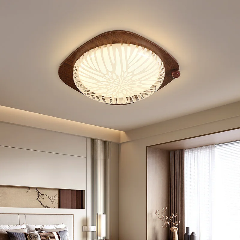 Retro Wooden LED Ceiling Lamps Rotundity Acrylic Atmoshere Decorative Master Bedroom Hotel Interior Study Eye Protection Lights