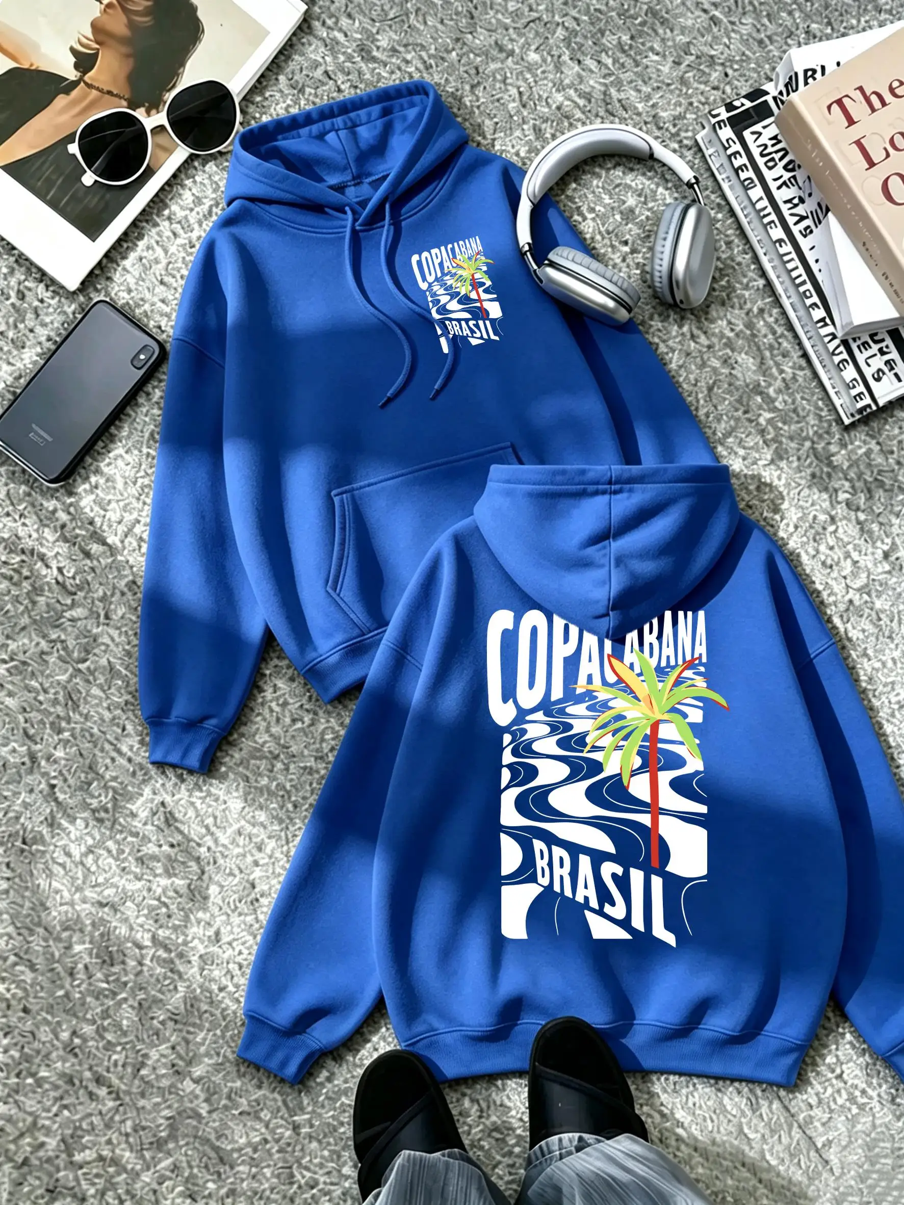 Copacabana Brasil Coconut Tree Printed Pocket Clothes Women Soft Sport Hoodies Autumn Casual Pullovers Fleece Y2K Streetwear