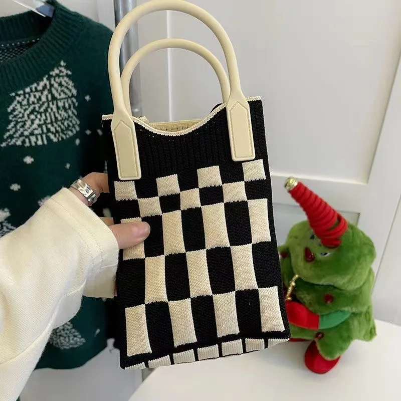 Mini Knitted Crossbody Phone Bag Women Shoulder Bag Korean Plaid Fabric Crossbody Bag Reusable Shopping Mobile Phone Bag Handbag