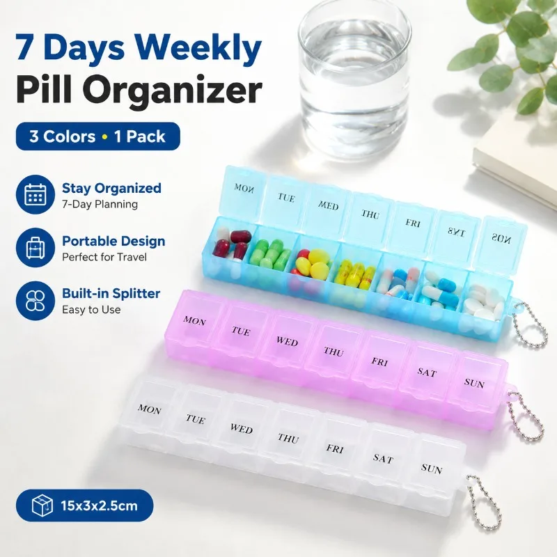 Rectangular Transparent 7 Compartment Weekly Pill Box Portable Mini Moisture Resistant Daily Tablet Separator Travel Carry