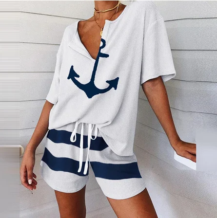 Summer 2Pcs Women Tracksuit Boat Anchor Print Shirt and Shorts Set Spring Elegant V Neck Pullover Ladies Sportswear Suits Pocket