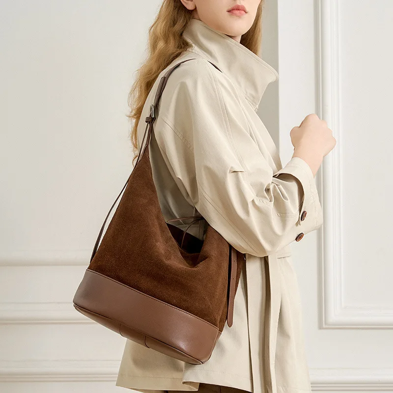 

Faux Suede Genuine Leather Bucket Underarm Bag for Women Luxury Handbag PurseVintage Commuting Large Capacity Shoulder Bags