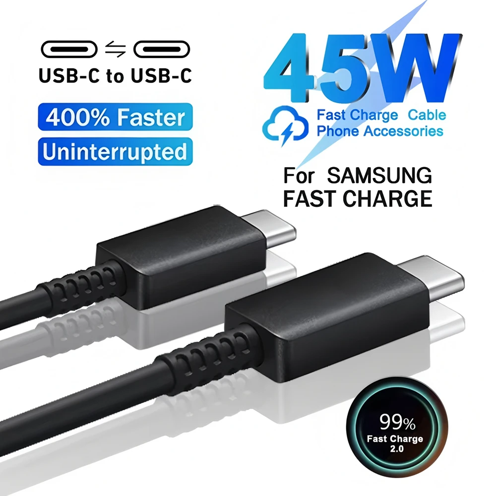 45W 5A Super Fast Charge Dual USB C Cable For Samsung S24 S25 S26 A35 A36 A37 A53 A55 A56 Type C to Type C Rapid Charging Cable