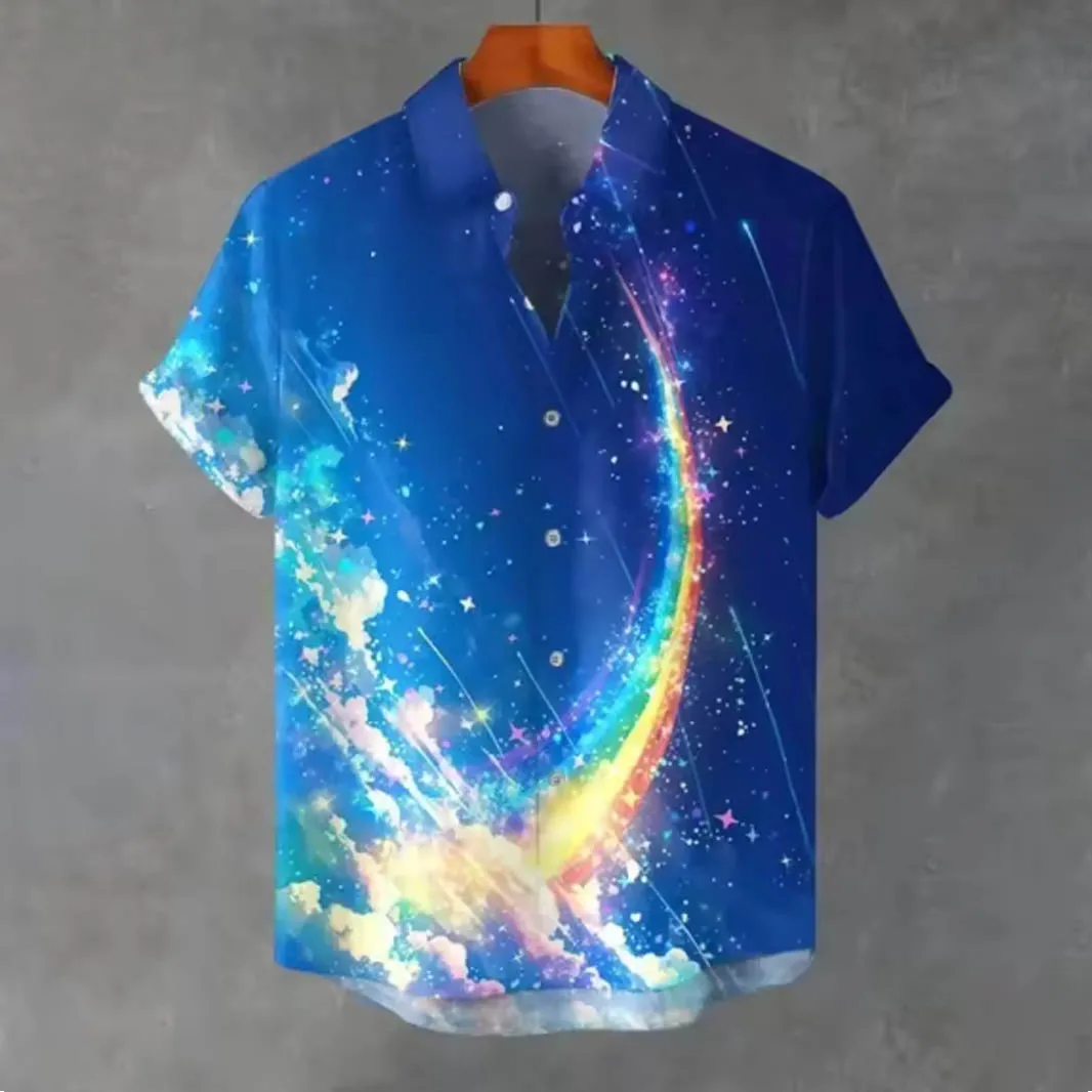 

Men's Rainbow Meadow Pattern Hawaiian Shirt Colorful Cloud 3D Print Short Sleeve Summer Snap Front Collar Shirt