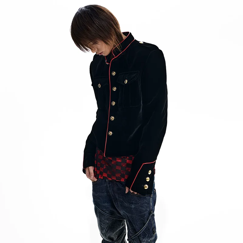 LUZHEN 2026 New Stripe Outline Buttoned Decorate Stand Neck Short Jacket Men's Fashion Handsome High Quality Velvet Coat JY9237