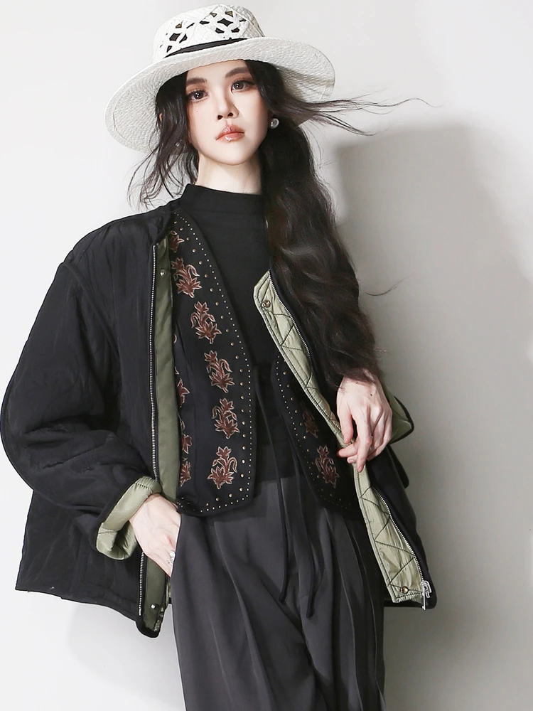 

Double-Sided Wearable Slimming Loose Cotton Jaet E7 round Ne Contrast Color Collar Zipper Closure Long Sve Commute Sle