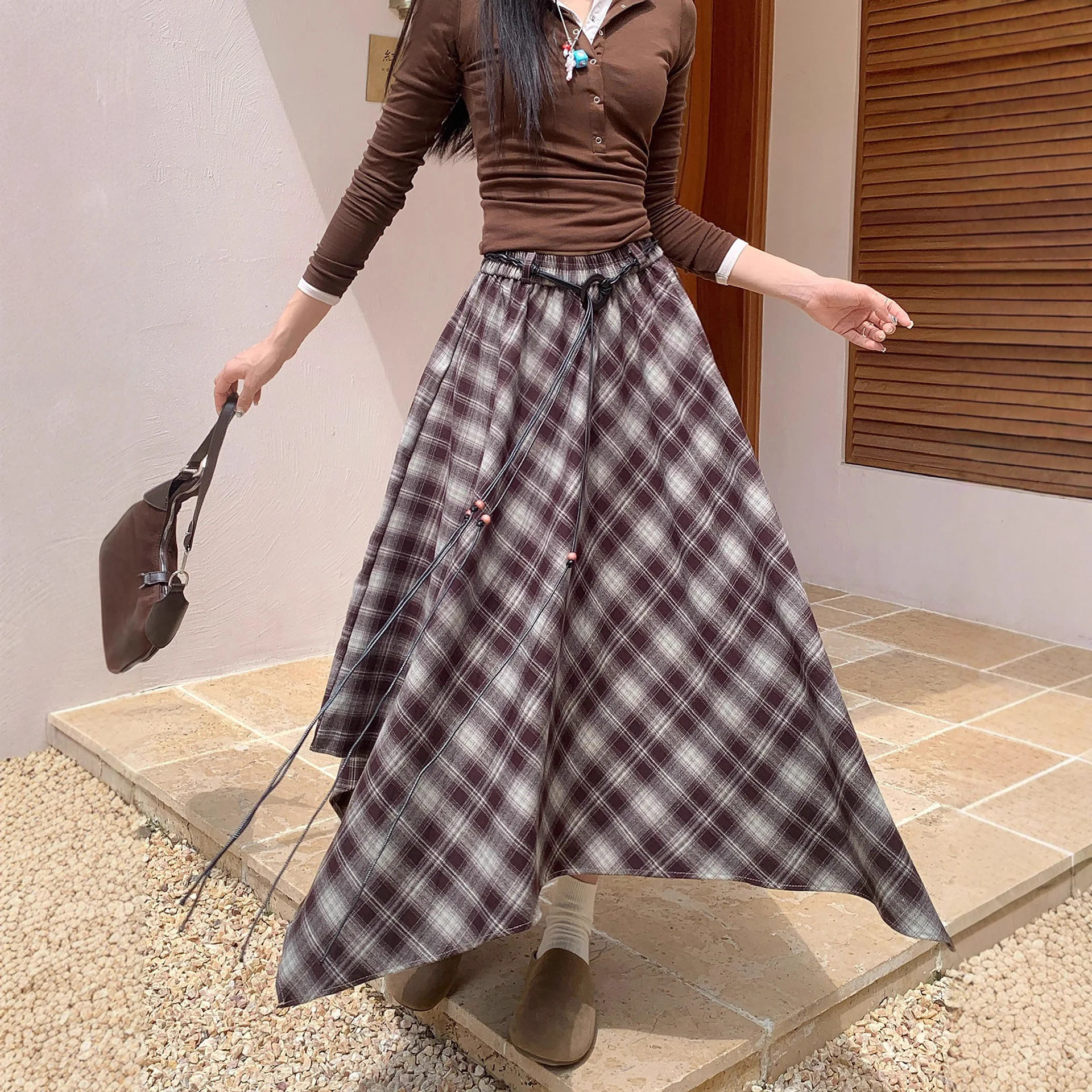 

TFETTERS 2026 Новинка: Женская винтажная макси-юбка в клетку с асимметричным подолом, на шнурке, с завышенной талией, в богемном стиле, А-силуэт