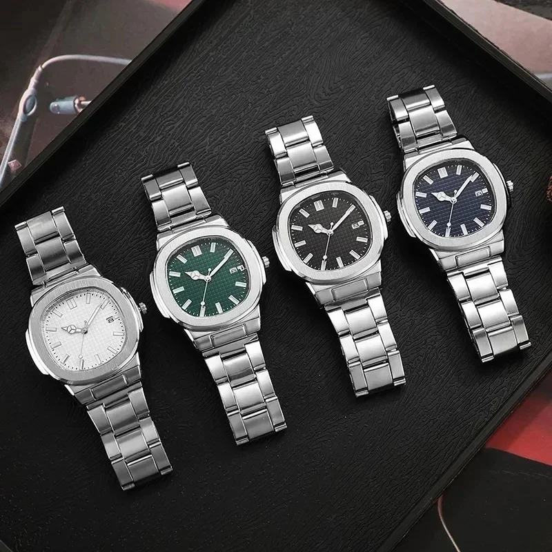 Minimal Square Dial Stainless Steel Men Quartz Wristwatch New Style Date Display Daily Casual Watch
