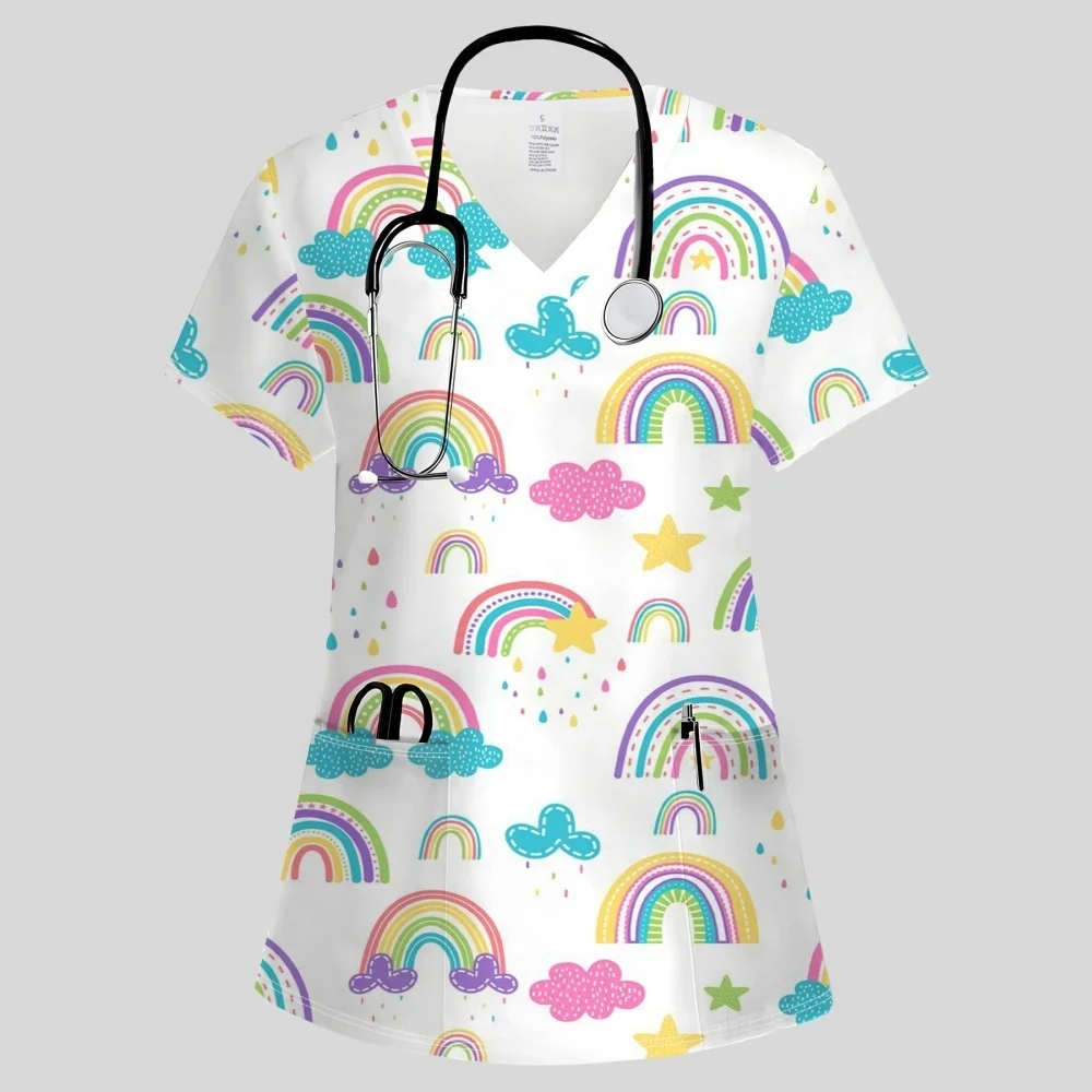 Surgical Uniform Woman Fashion Cartoon Pattern Printing Veterinary V-Neck Short Sleeve Uniforms Casual Dentist Medical Scrubs
