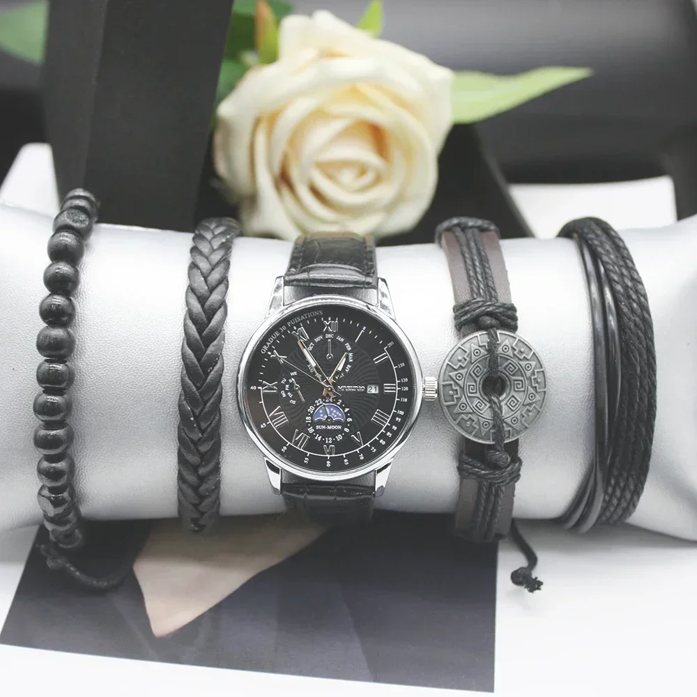 남성용 스테인레스 스틸 팔찌 가죽 벨트 하이 퀄리티 패션 방수 시계, 야외 여행용, 5 개 세트