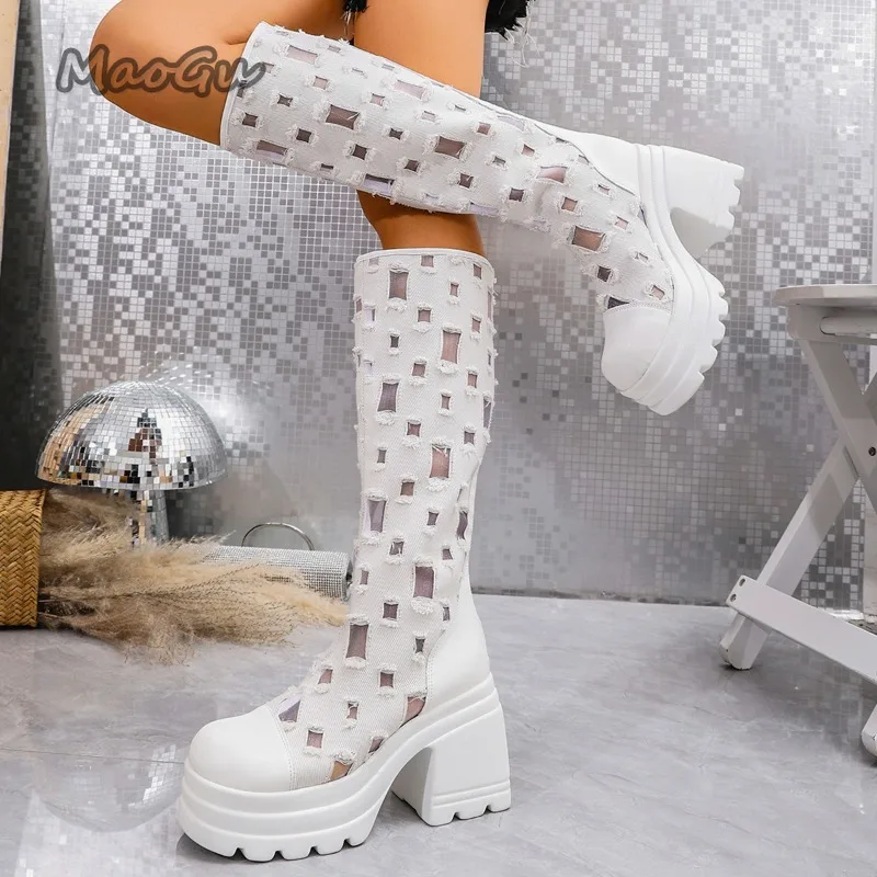 2025 primavera otoño nuevo estilo británico Botas largas hasta la rodilla con cremallera trasera Botas de moda de tacón alto con parte inferior gruesa Botas Mujer