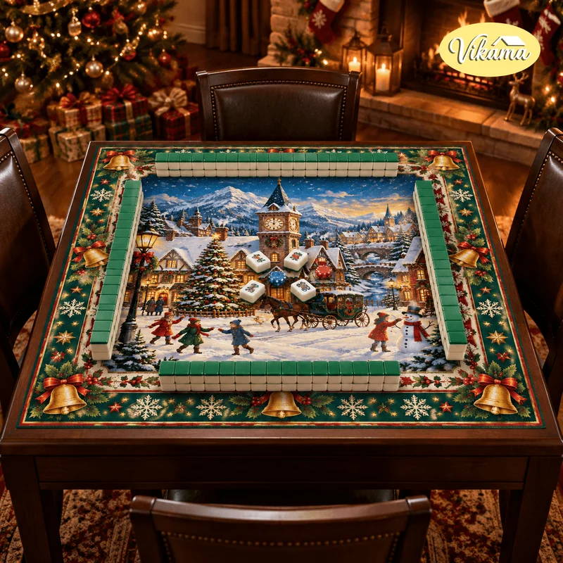 VIKAMA Christmas Mahjong Table Mat, Retro Christmas Snow Town Bell Tower Absorbent Non-Slip Tablecloth, Holiday Party Decor