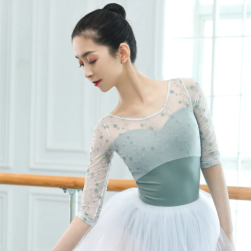 Middle Sleeve Ballet Practice Clothes Flower Embroidery Adult Gymnastics Jumpsuit Dancewear Competition Performance Leotards