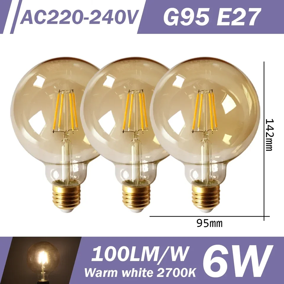 3pcs Retro Led Light Bulb E27 B22 E14 C35 A60 ST64 AC220-240V Edison Filament Bulb Vintage Warm Glass Lamp Lighting Indoor Light, image 7