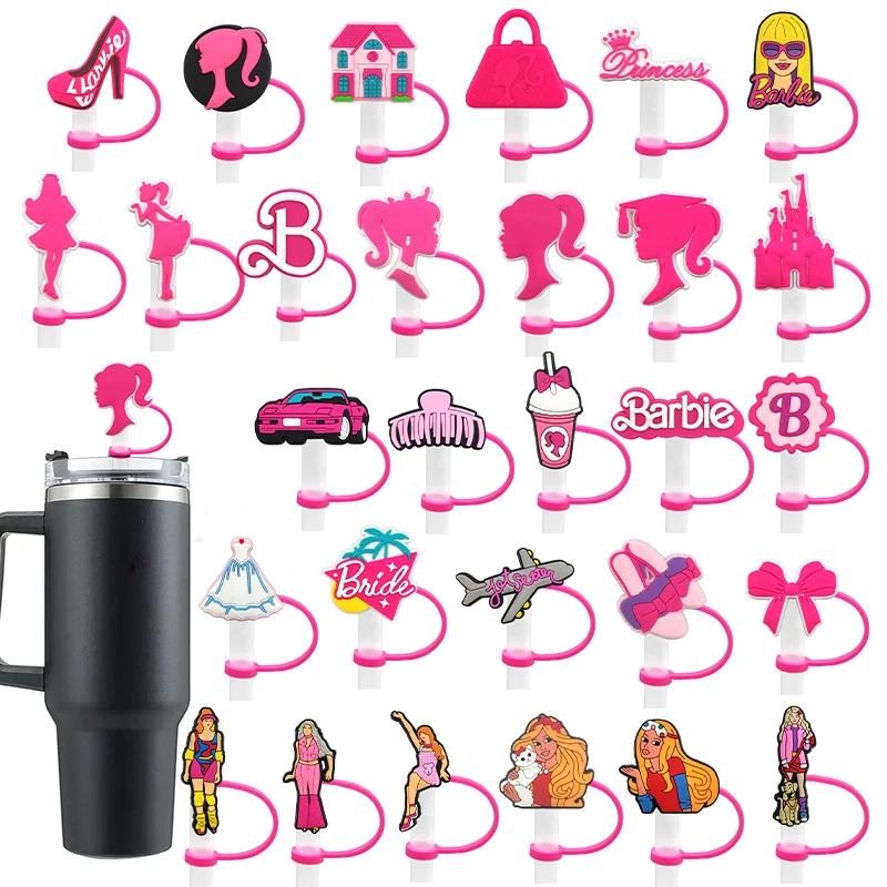 1-33PCS Miniso Barbie Doll Straw Cover Cap 10MM Drink Straw Plug Reusable Splash Proof Drinking Fit Cup Straw Cap Charms Pendant