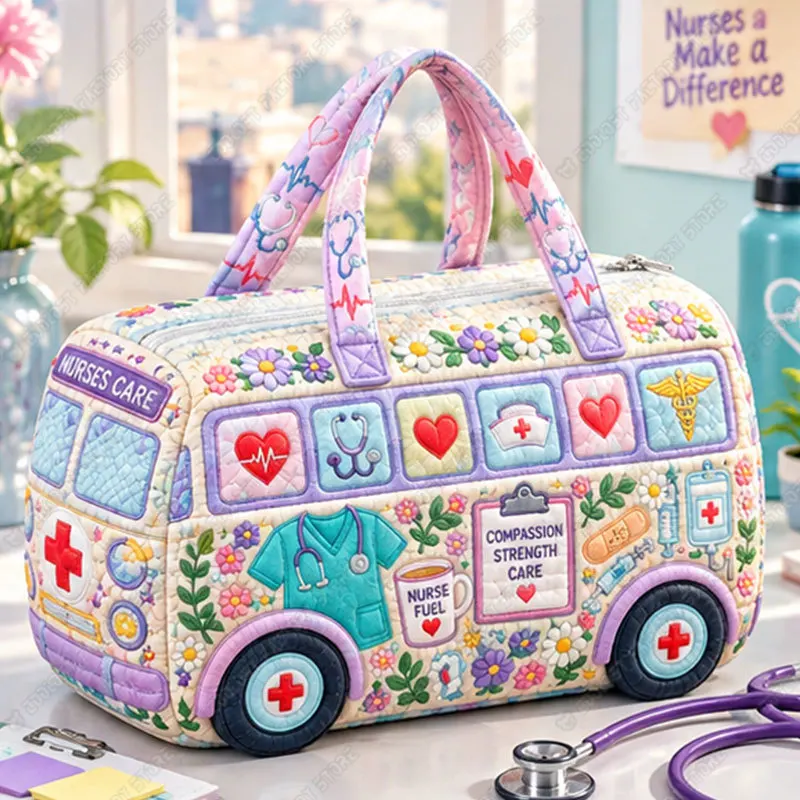 Vintage Bus-Shaped Handbag for Travel 2D Flat Quilted Nurse Uniform Syringe Cardiogram Print Women Shoe Holder Large Duffle Tote