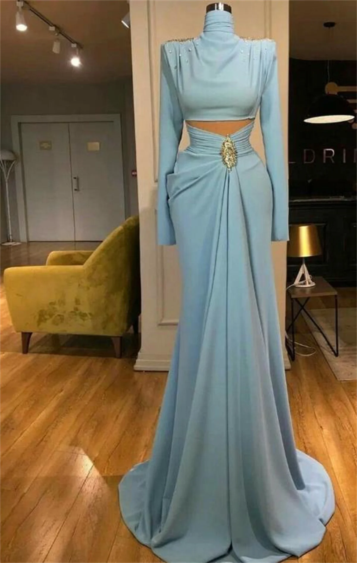 A-Line Evening Dress High Neck Long Sleeve Pleated Robe De Evening Custom Blue Leaky Waist Elegant Dress Wedding Dress Formal