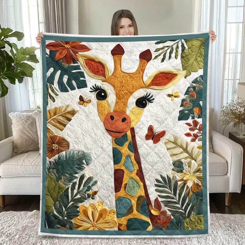 Cute Giraffe Quilt Blanket Jungle Animal Themed Bedding, Cute Safari Style Throw Blanket Cozy Gift for Animal Lovers