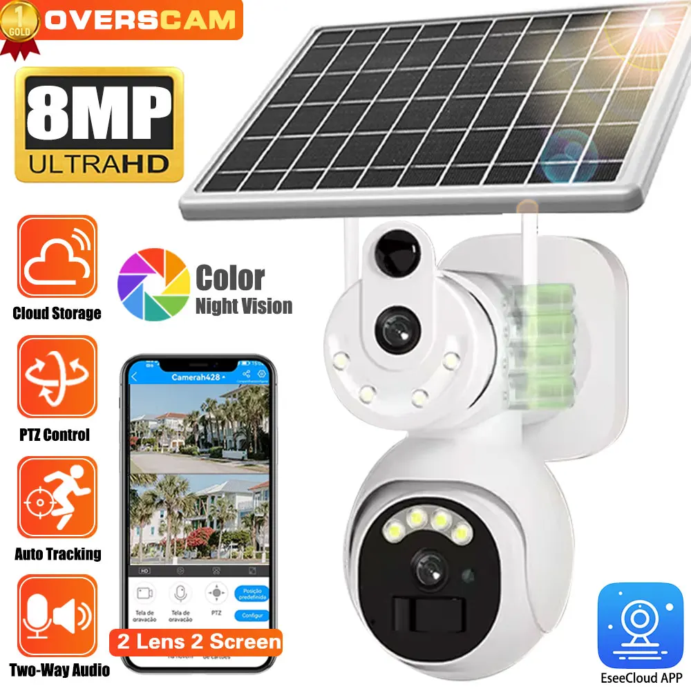 

4K 8MP Outdoor Dual Screen Solar WiFi Camera Dual Lens Full Color PIR Detection Human Auto Tracking Solar Security Camera