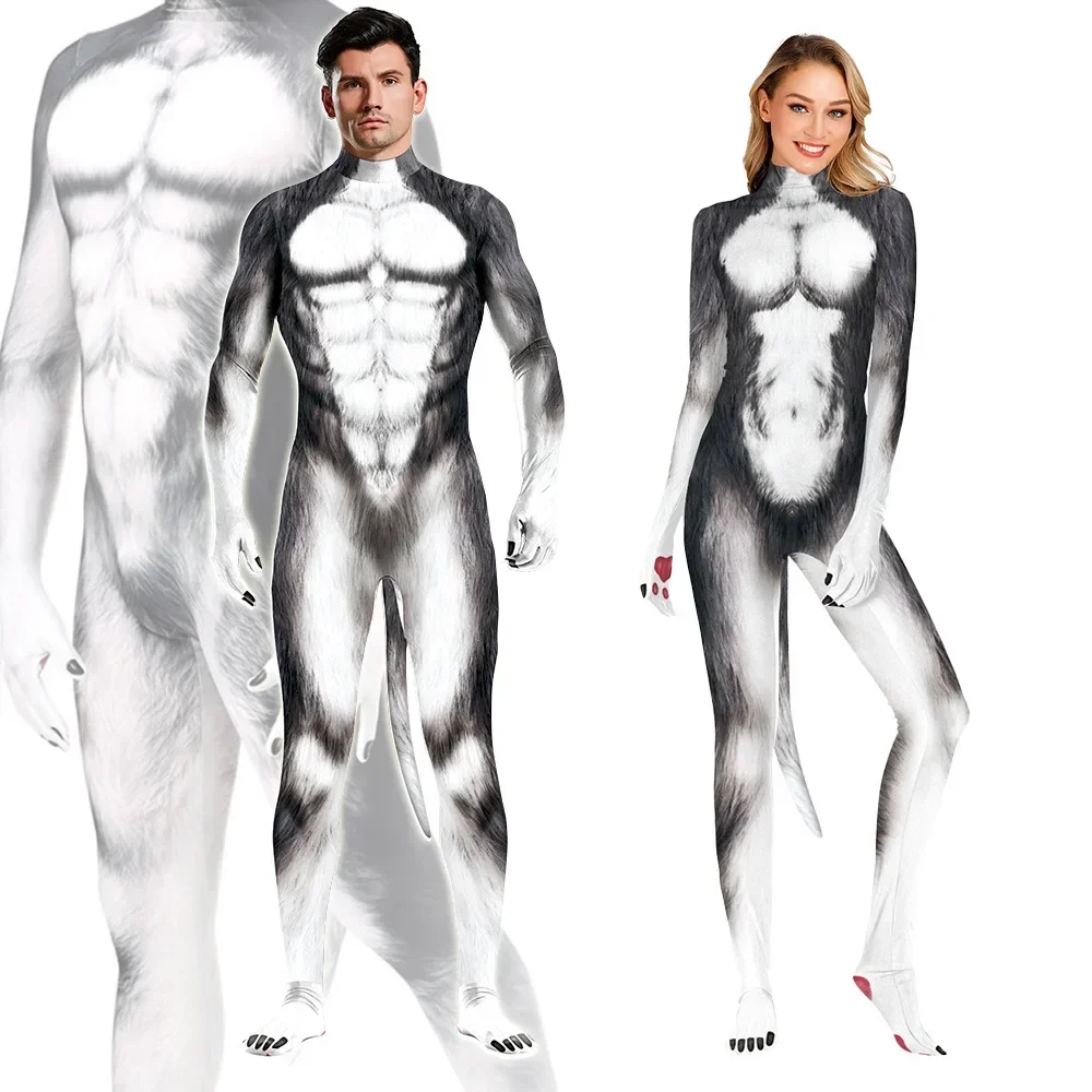 Dalmata uomo donna Costume Cosplay animale latte mucca Halloween Cartoon Catsuit con coda Zentai tuta tuta intera