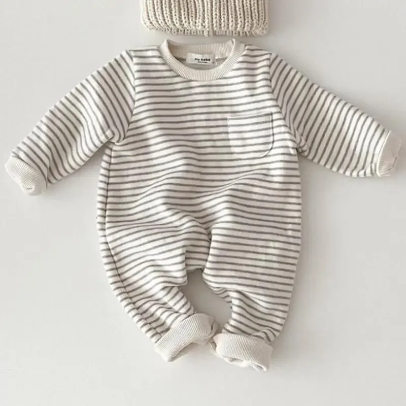 Newborn Baby Striped Romper Spring Infant Boys Girls Casual Jumpsuit Toddler Kids Fleece One-piece Babies Warm Winter Clothes