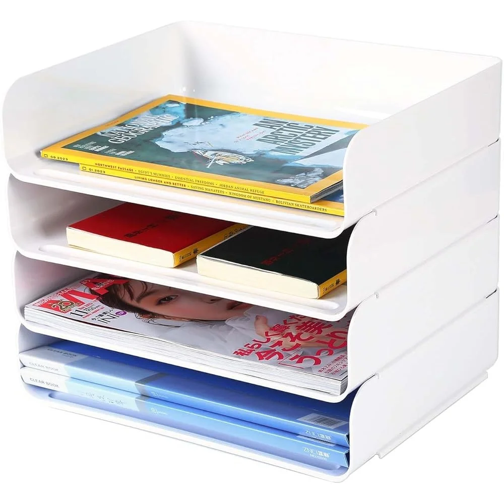 4 Tiers Stackable A4 Paper Trays Office Desk Organizer Document Holder Letter Sorting File Storage Tidy Book Display Rack