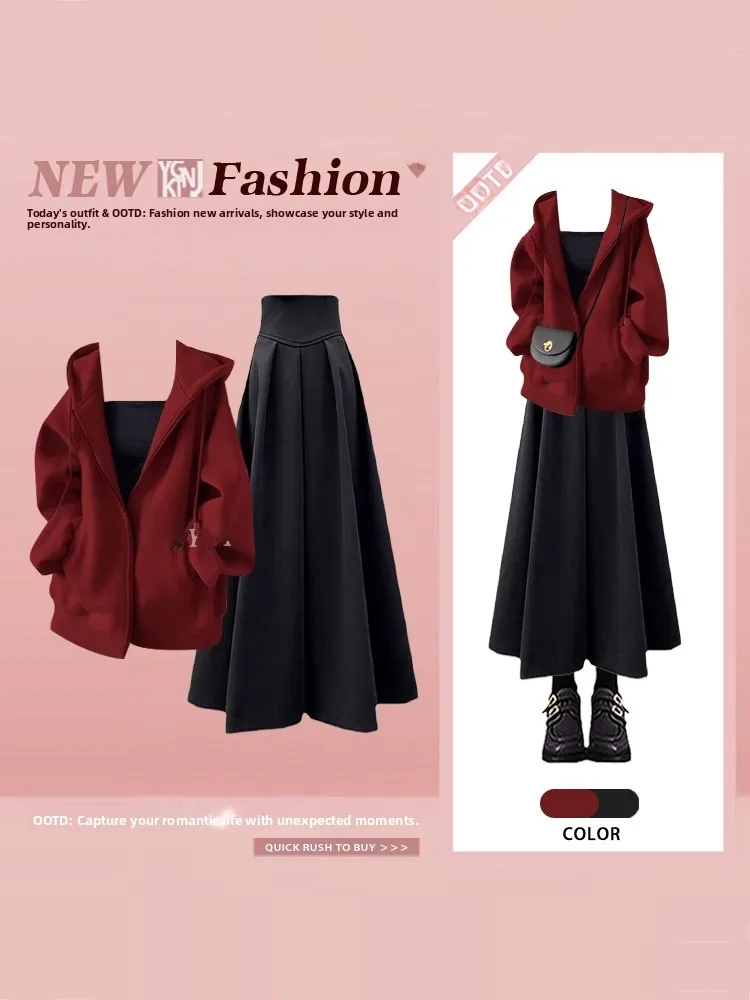 

Red Vintage Hoodie Long Sve Jaet Loose Spring Vest Inner High Waist Skirt Tee Piece Set Women's Faion Outfit