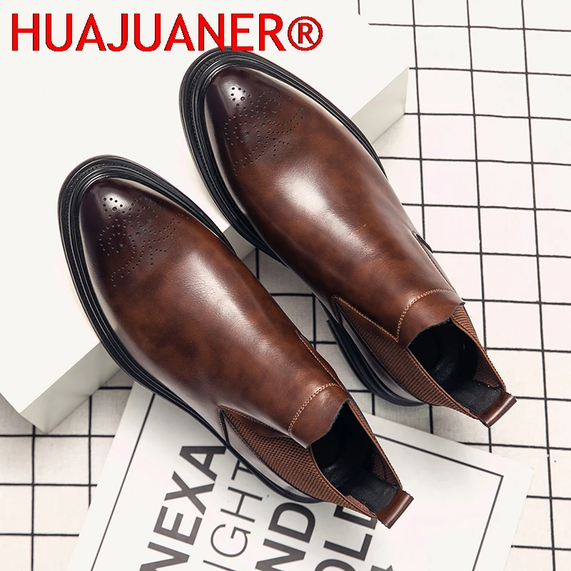 الرجعية تشيلسي أحذية للرجال عالية الجودة جلدية أحذية عمل رسمية النمط البريطاني الذكور حذاء من الجلد الأعمال البروغ أحذية بوت قصيرة