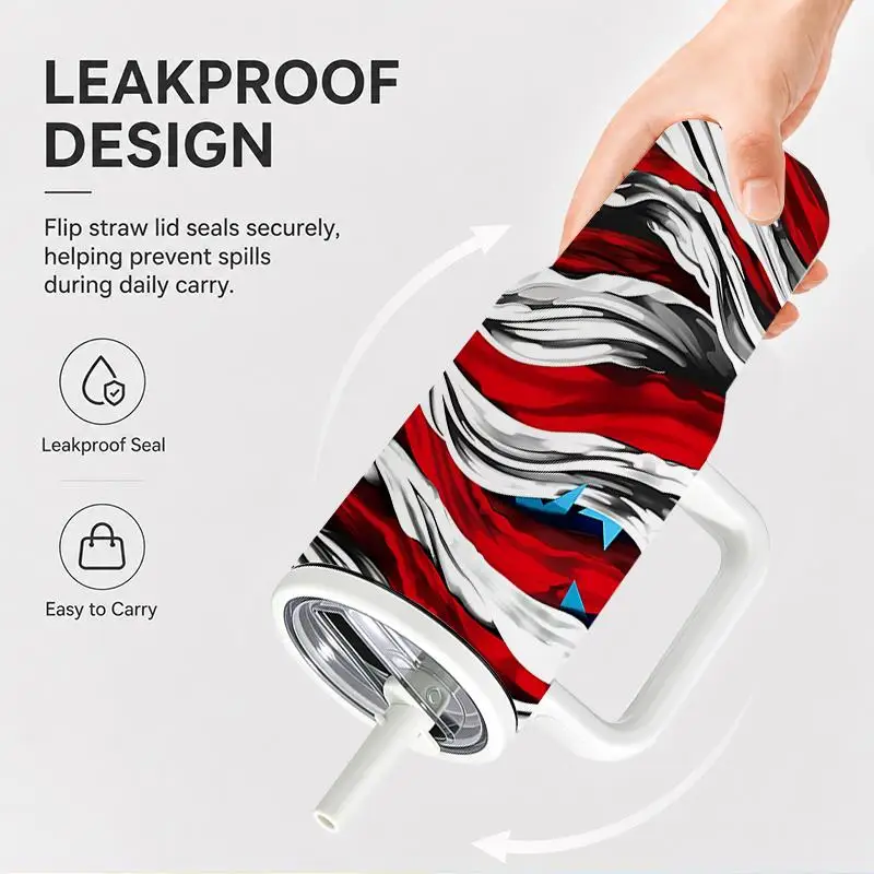 1pc 40Oz 304 Stainless Steel Handheld Cup American Flag Stars And Stripes Waving Pattern Insulated Tumbler with Handle And Straw for Outdoor Travel Camping Office Home Suitable Gifts for Halloween Christmas And Other Special Festivals