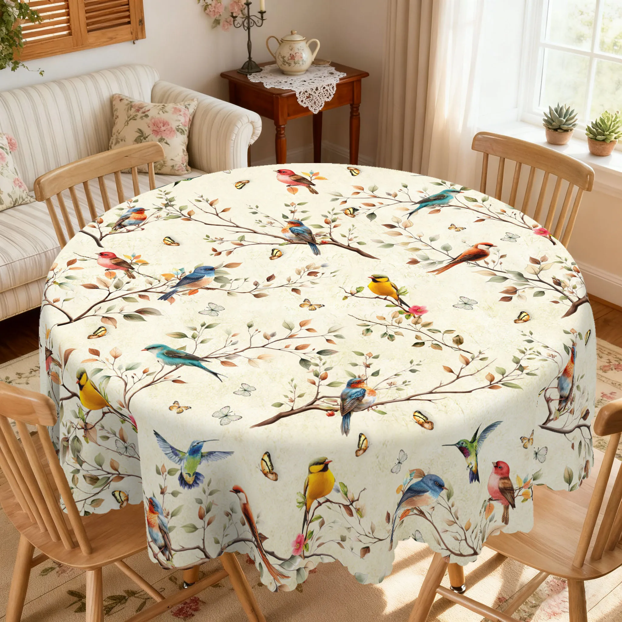 1 Piece of Tablecloth with Floral and Bird-Themed Prints in Round and Rectangular Shapes, Available in Various Sizes, Featuring a Core Design of Dynamic Birds and Budding Branches, with Fresh Green Leaves and Vibrant Blooms Adorning It, and Embossed Edges, Suitable for Family Gatherings, Patio Gardens, Spring and Summer Home Decor, and Seasonal Ambiance Decoration