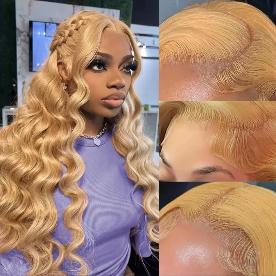 Peruca de Cabelo Humano Loiro Mel 13X6 com Ondas Corporais, Peruca Frontal de Renda HD Colorida 27, Peruca Frontal de Renda Brasileira 250 Densidade para Mulheres 30 Polegadas
