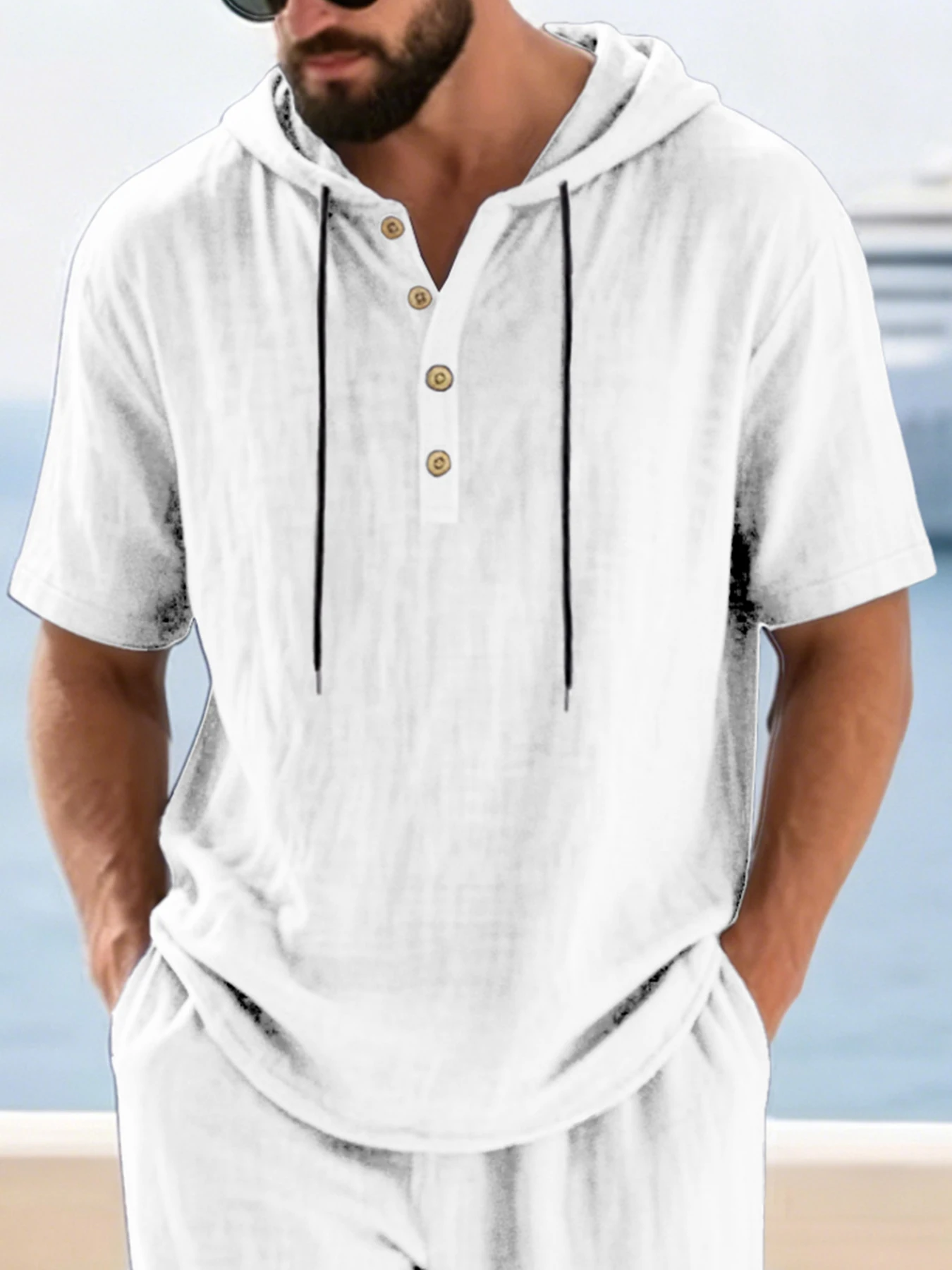 Men's Cotton Linen Hooded Henley Shirt Short Sleeve Drawstring Breathable Casual Summer Beach Top