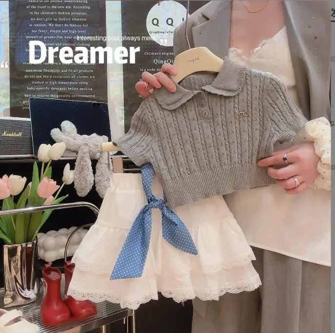 

Новые летние модные вязаные комплекты для маленьких девочек, вязаная футболка + белые юбки, элегантные костюмы принцессы, От 2 до 7 лет