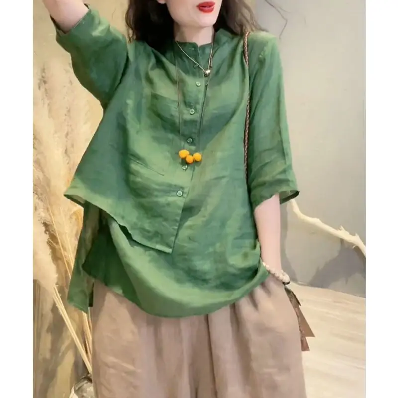 레트로 헴프 셔츠 여성 비대칭 린넨 탑 얇은 루즈핏 일반 소매 길이 순색 출퇴근 스타일 여름 셔츠