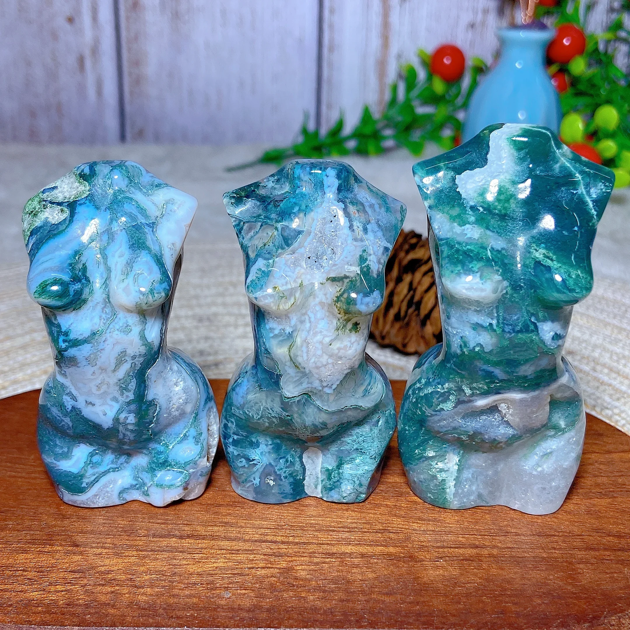 Natural Crystal Moss Agate Women Body Druzy Carving Healing High Quality Gemstone Reiki Home Decorations Mineral Energy Gift