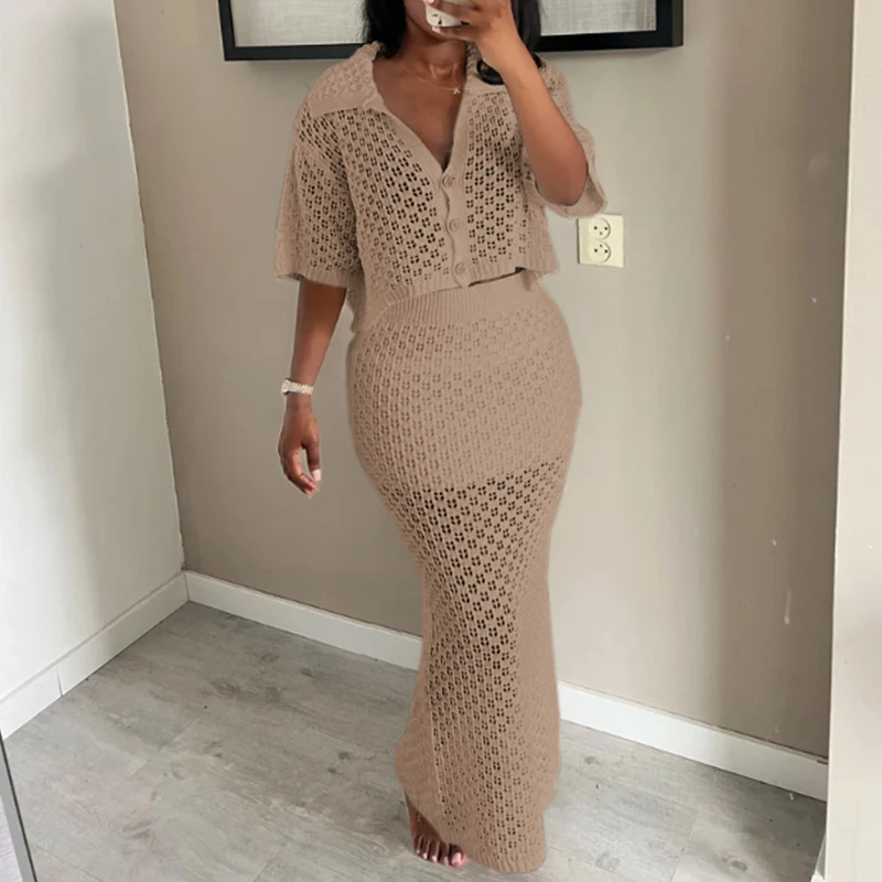 สไตล์ใหม่ถัก Hollow Out แขนสั้น Slim กระโปรง 2 ชิ้น Beach Cover Up ชุดสตรีวันหยุด Sun ชุดว่ายน้ํา Cover-Ups