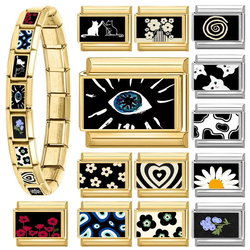 موضة الأسود سلسلة رقم 8 الكرة عيون زهرة القط الذهبي الإيطالي ربط سحر صالح 9 مللي متر الفولاذ المقاوم للصدأ وحدات سوار صنع المجوهرات #1