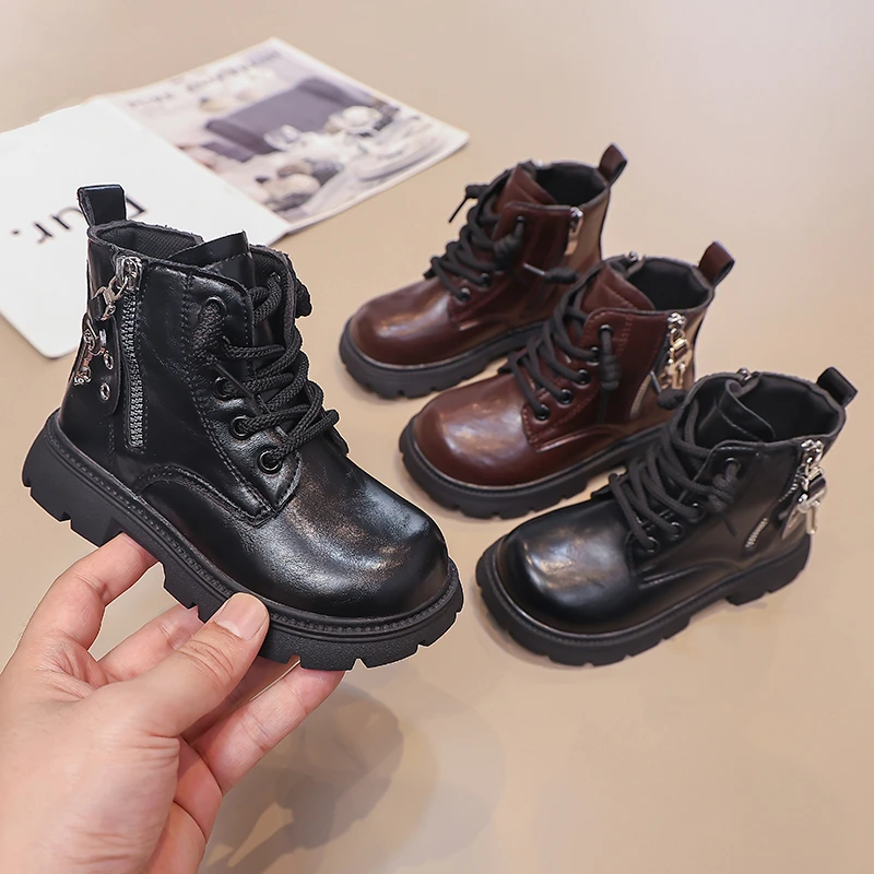 Girls Motorcycle Style Leather Boots 2026 New Winter Toddler Chunky Ankle Boots Non-slip Classic Versatile School Riding Boots