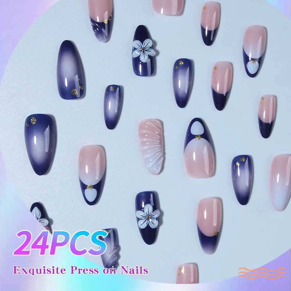 Élevez votre style avec, 24 pièces de longs ongles 3d en amande, fabrique des ongles en fleurs avec un design scintillant, pointe française, presse sur les amandes