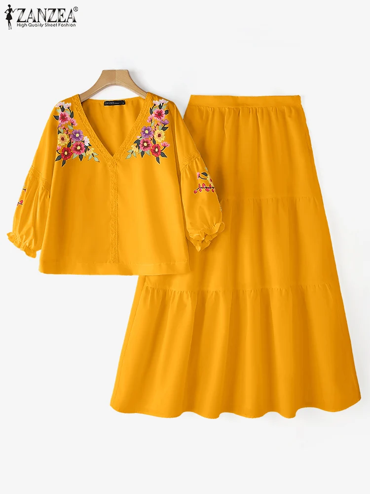 ZANZEA Autumn Women Elegant Dress Sets 2025 Fashion V-Neck Printed Lace Tops Elastic Waist Maxi Skirts Casual 2PCS Loose Outfits