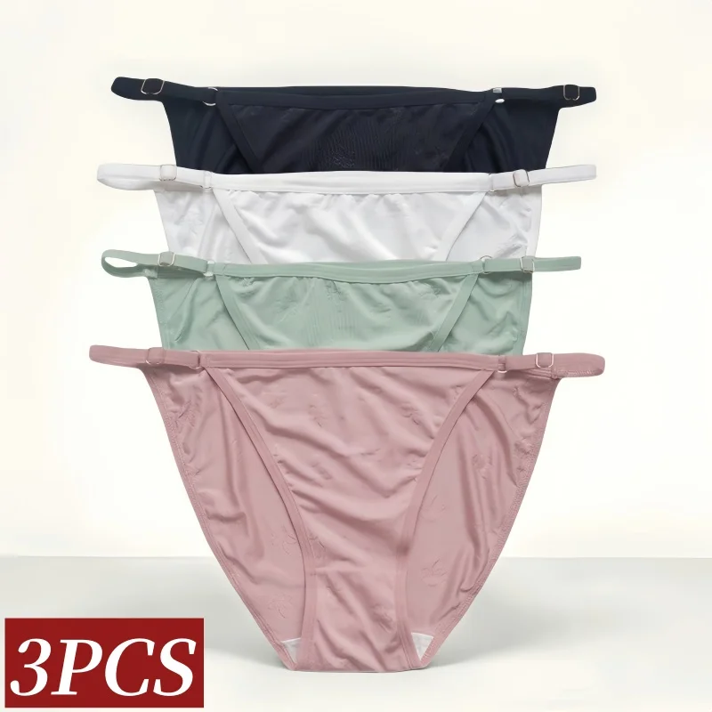 3Pcs/Set Ice Silk Panties Women Low Rise Briefs Brazilian Panties Solid Color U…