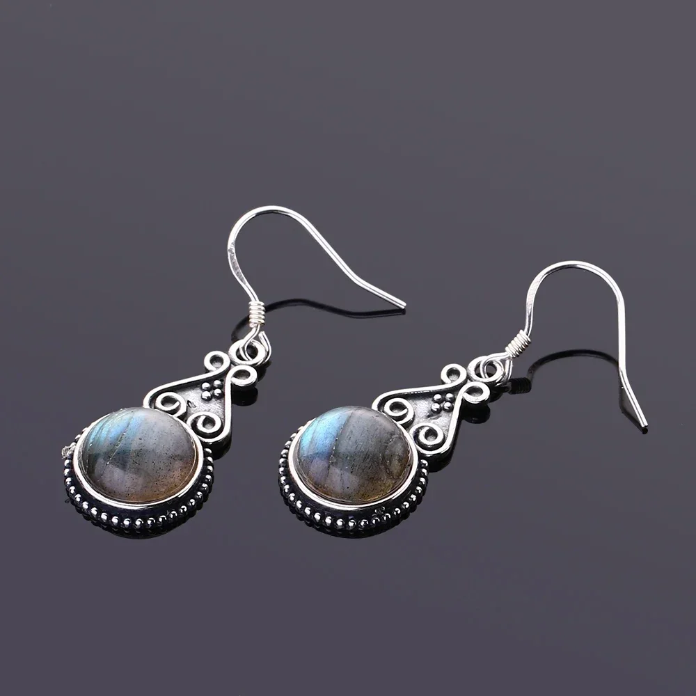 S925 Sterling Silver Drop Earring 10MM Labradorite Multicolor Pendant Earrings Engagement Wedding Women Fine Jewelry