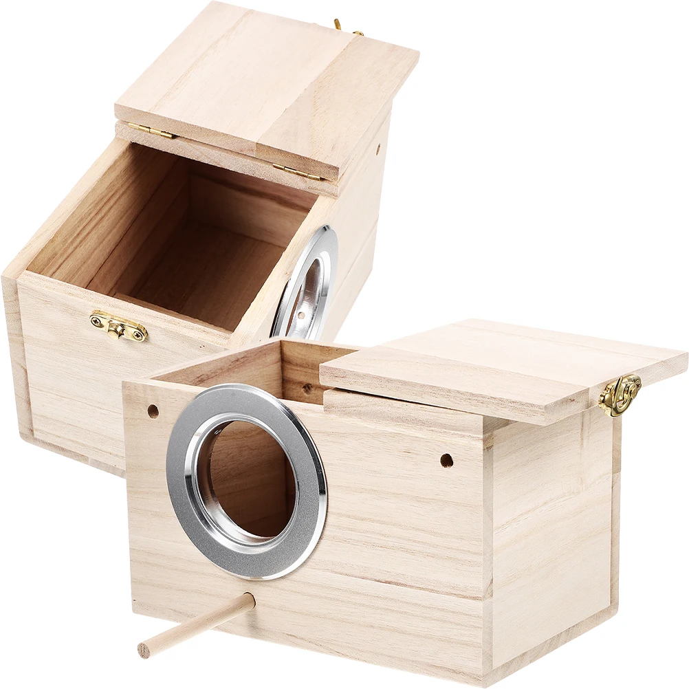 

2pcs Wooden Bird Nest Stainless Steel Parakeet Nesting Box Cockatiel House Pet Supplies Garden Decor Bedroom
