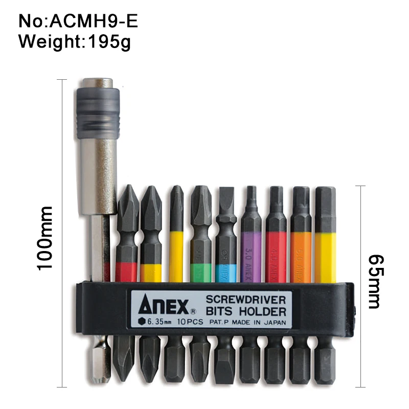 ANEX 9PCS Colorful Bit Set and Bit Extension Holder Both Manual and Electric PH/SL/HEX ACMH9-E