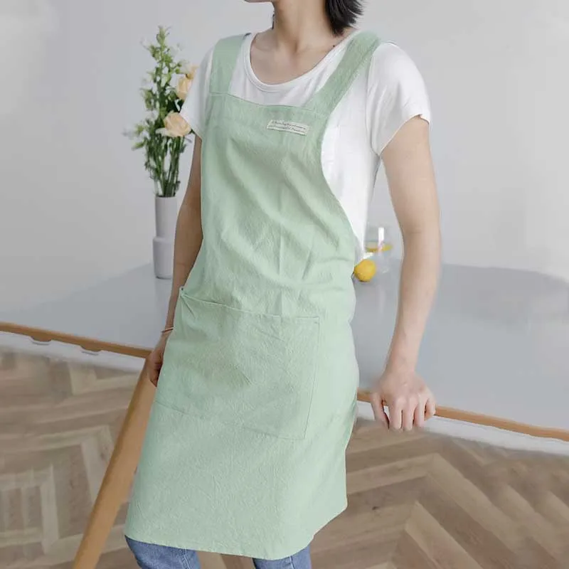 Cross-back Cotton Linen Kitchen Apron With Pocket Plain Stain-resistant Women Pinafore For Cooking Gardening Baking Cleaning