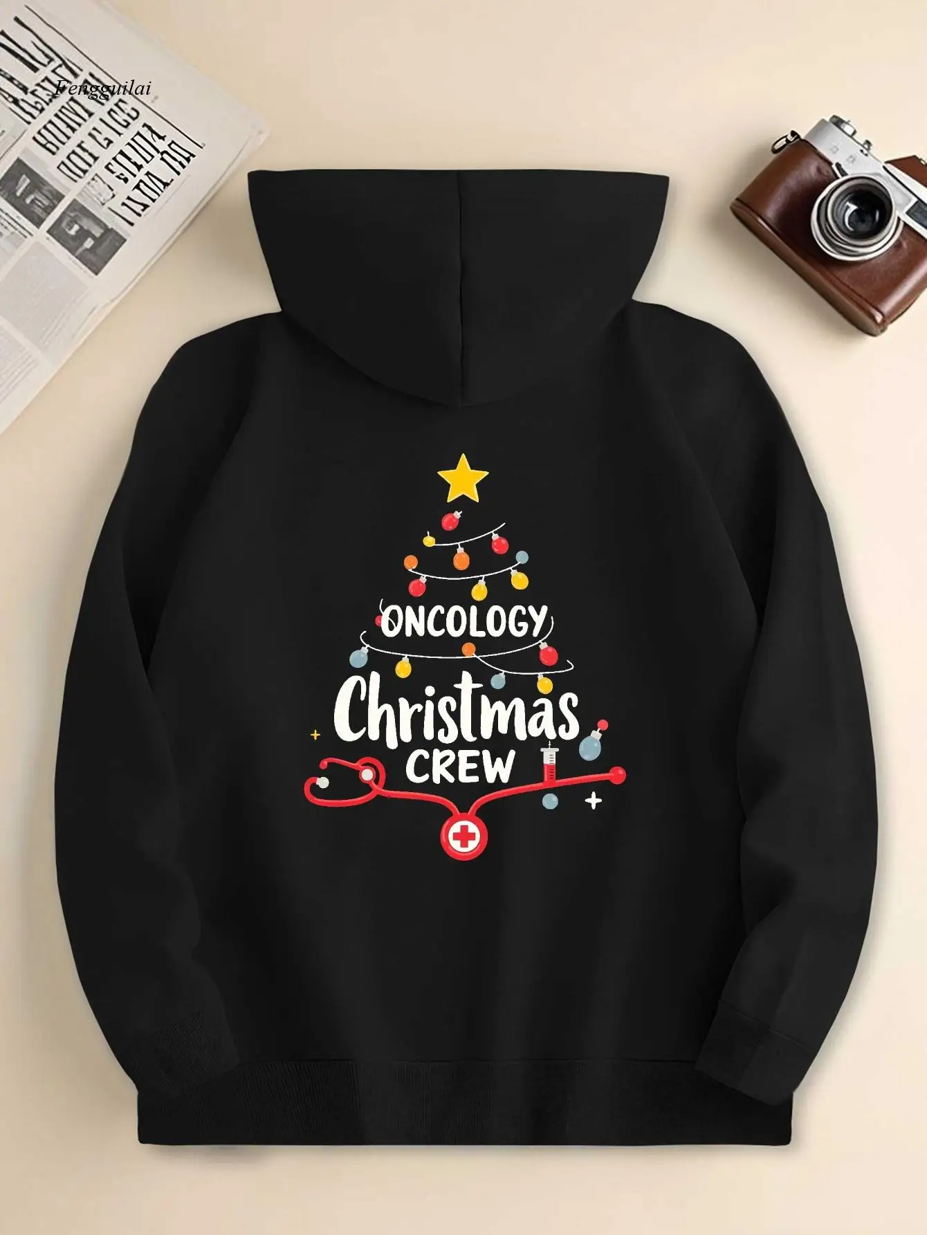 Moletom com capuz Oncology Christmas Crew Awareness – Fita verde e estampa de símbolos, moletom com capuz de ajuste relaxado com bolsos