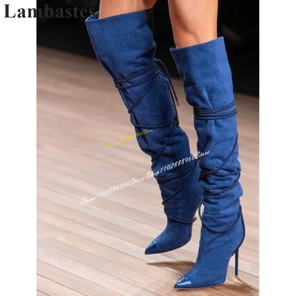 

Stylish Knee High Blue String Decoration Boots Thin High Heel Women Shoes Back Zipper Pointed Toe 2024 Sexy Zapatos Para Mujere