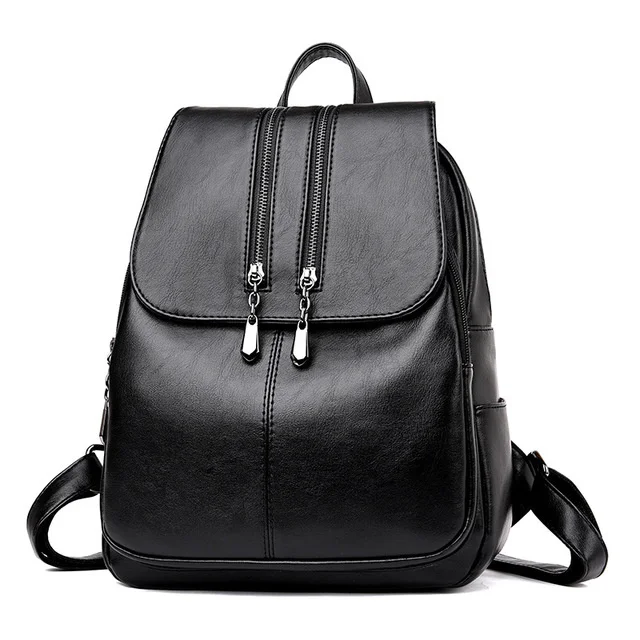 Women Leather Backpacks Vintage Shoulder Bags Female Double Zipper Backpack School Bags for Teenager Girls