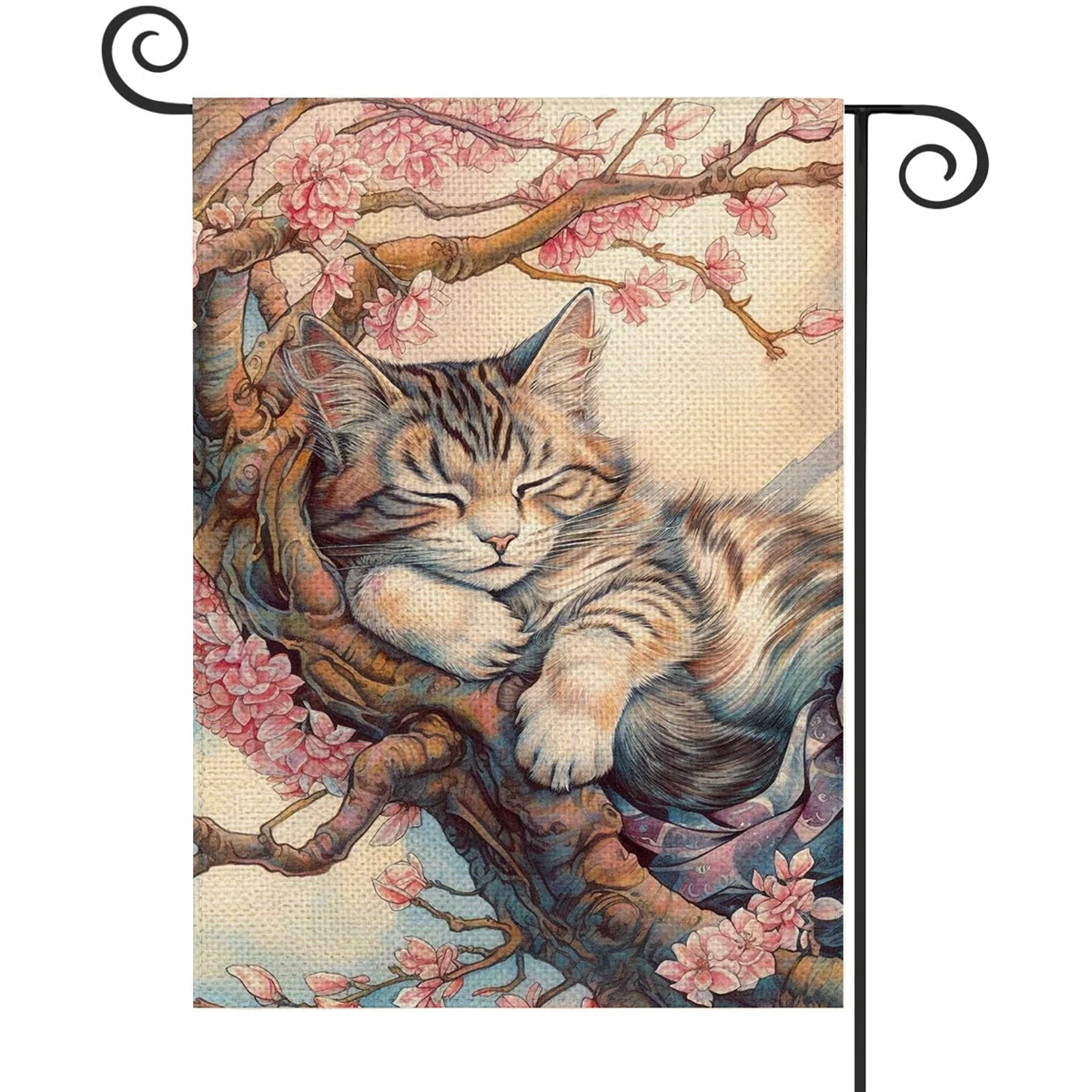 

1PC Peach tree cat Pattern Linen Cotton Garden Flag Banner Indoor Outdoor Home Garden Hanging Decor